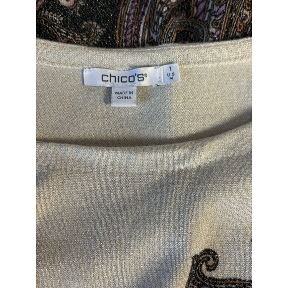 Chico's Metallic Paisley Knit Sweater Top Women's Size 1 Medium Cream Purple - Picture 6 of 11